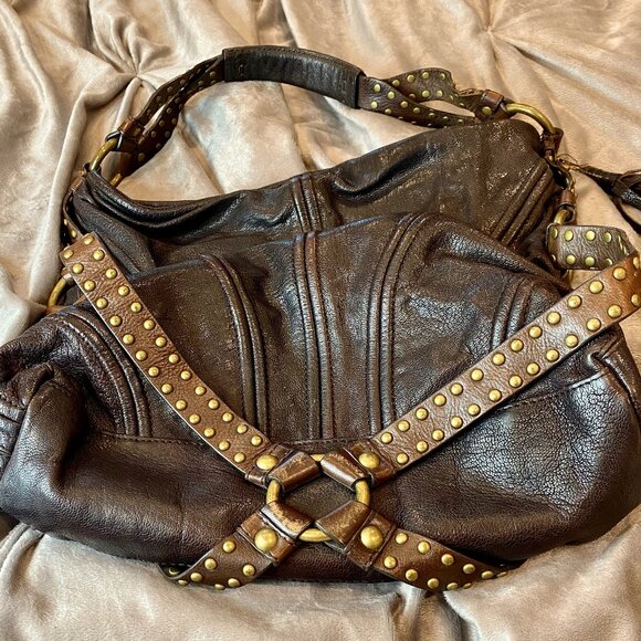 BOTKIER VINTAGE BOMBAY BURGUNDY/BROWN GOLD STUDDED TALL LEATHER HANDBAG - Picture 5 of 12